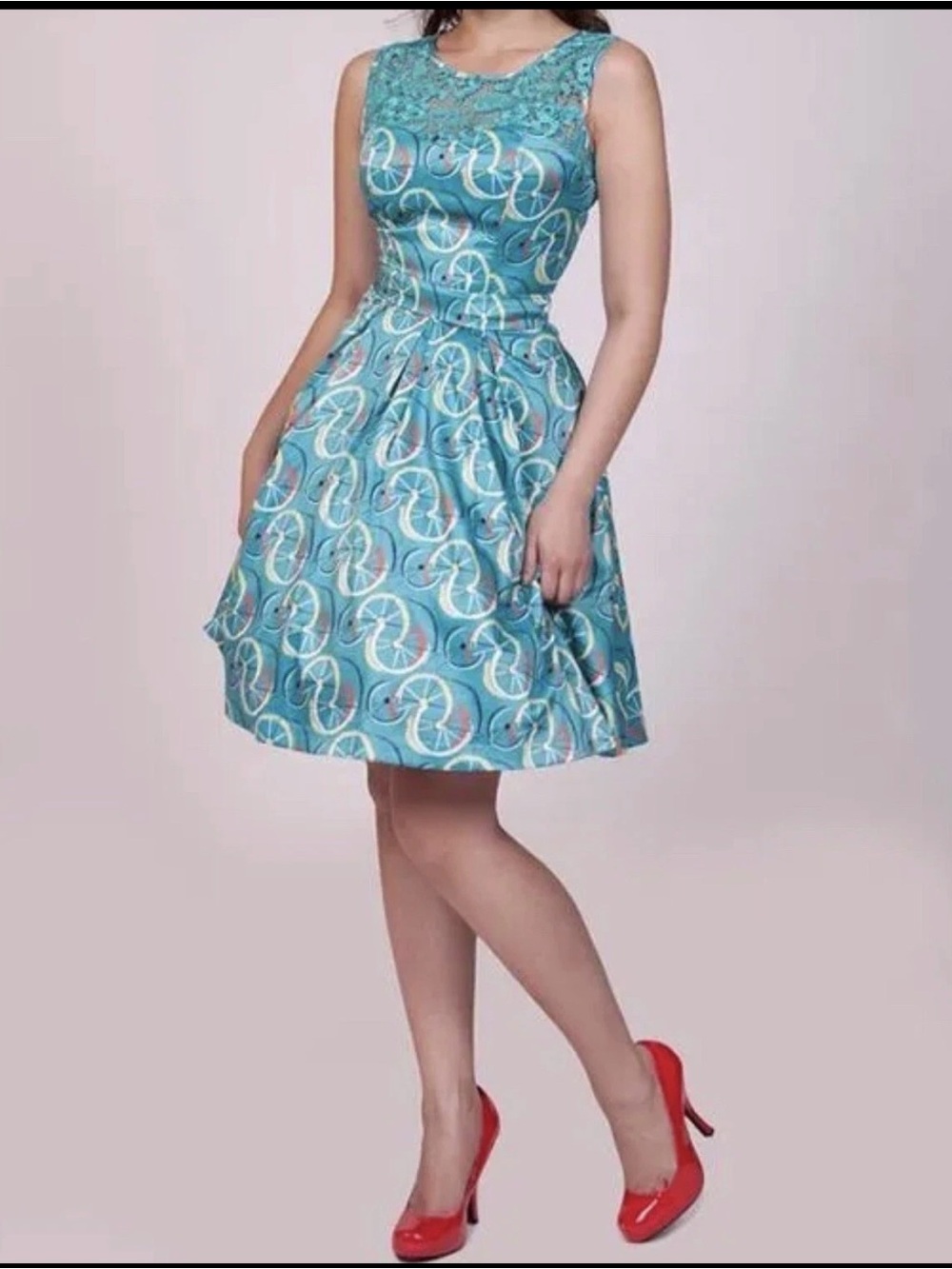 Tatyana Retro Swing Dress Sleeveless Teal Bicycle Print Fit and Flare Size XS